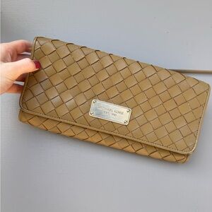 Michael Kors Tan Woven Leather Fold-Over Clutch